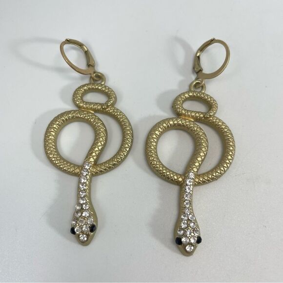 Stunning Gold Tone White Black Rhinestone Snake Dangle Hoop Earrings Boho